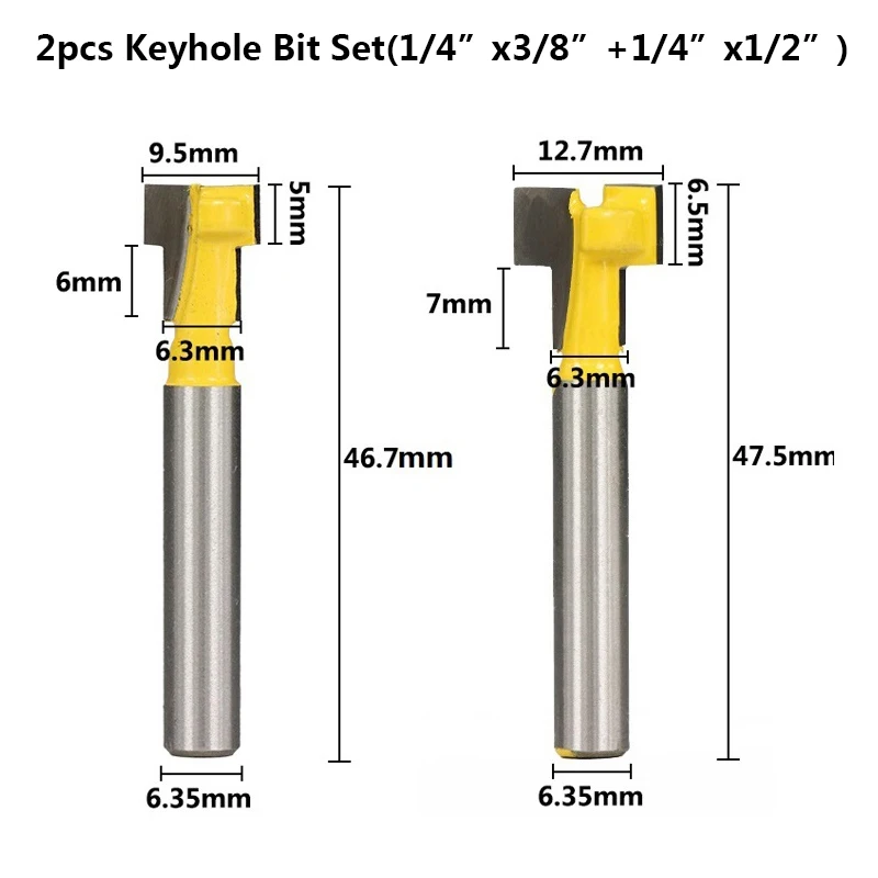 2pcs 6.35mm 1/" 1/4" хвостовик замочной скважины Т-образные фрезы Фрезы по дереву твердосплавная Концевая фреза Замочная скважина фрезы - Длина режущей кромки: 2pcs 6.35mm