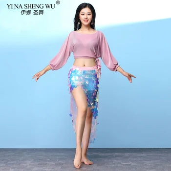

Belly Dance Costume Sequin Skirt Woman Belly Dancing Practice Top & Sequin Hip Skirt Team Dance Performance Sequin Clothing Set