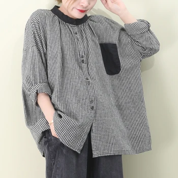 

[EWQ] 2020 Spring New Pattern Round Collar New Pattern Black Plaid Patchwork Single Breasted Vintage Shirt Women AK96901