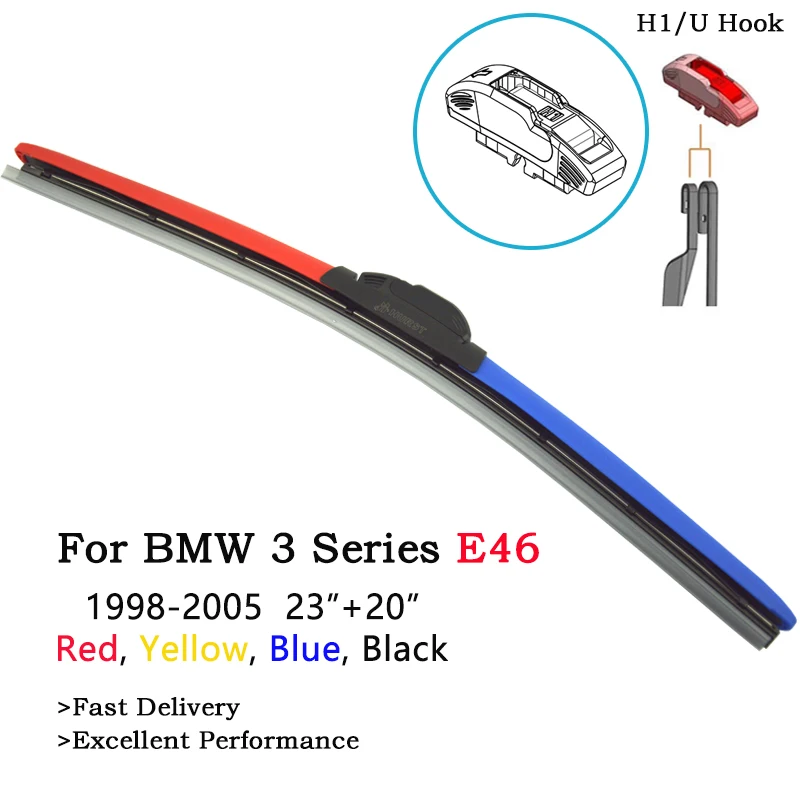 

2020 Newest Colorful Car Front Wiper Blade For BMW 3 Series E46 1998-2005 Red Yellow Blue Black Wipers Natural Rubber U J Hook