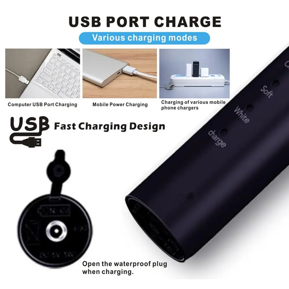 Вибрационная электрическая зубная щетка перезаряжаемая USB зарядка для взрослых