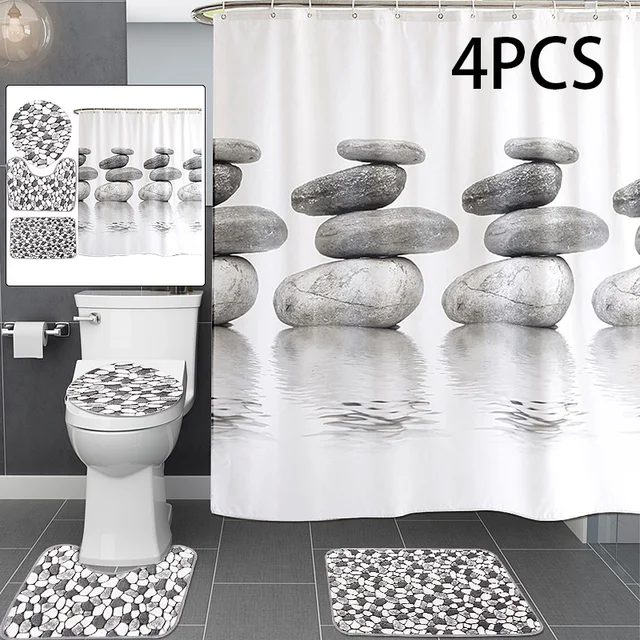 NatureCobble Stone Pebbles Shower Curtain Toilet Lid Cover Bath Mat Waterproof