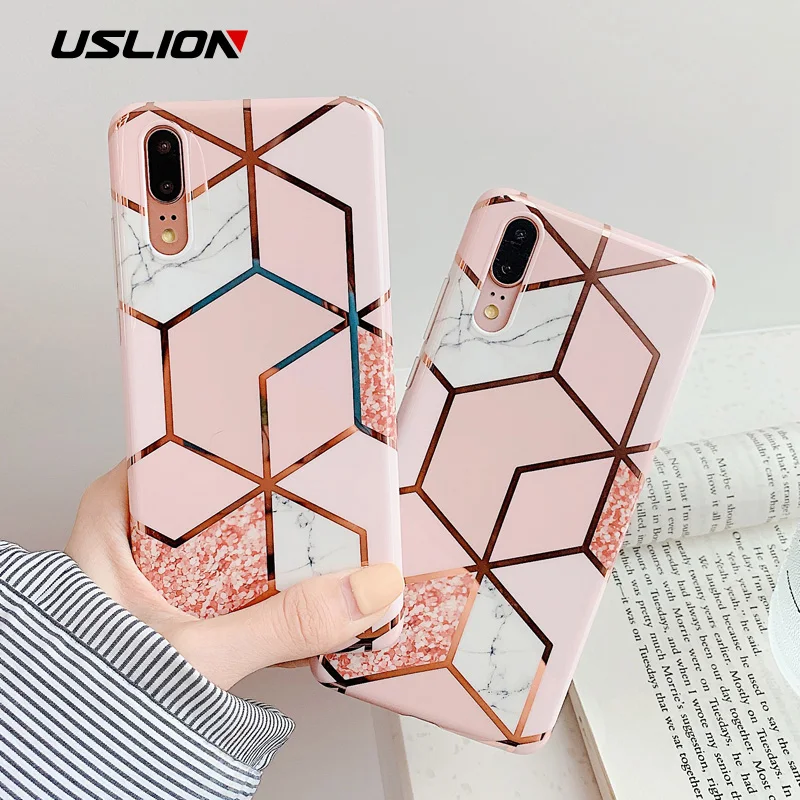 

USLION Geometric Marble Texture Phone Case For Huawei P30 Pro Mate 20 20 Lite P20 Lite Nova 5 5P Silicone Case Back Cover Coque