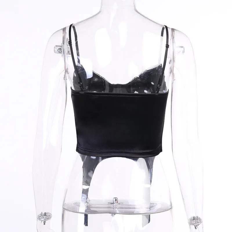 Gothic Style Female Black Suspender V-neck Low-cut Lace Trim High-waist Crop Top Sexy Backless Ladies Nightclub Party Wear