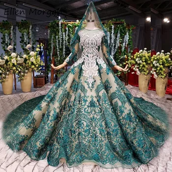 

Middle East Dark Green Lace Evening Dresses Vinatge Muslim 2020 Long Sleeves Boat Neck Applique Glitter Wedding Party Ball Gowns