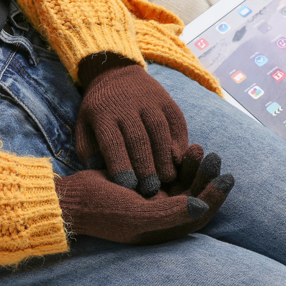 Fashion Winter Knitted Wool Touch Screen Gloves Men Warm Short Plush Lining Full Finger Outdoor Sport Cycling Gloves Mittens
