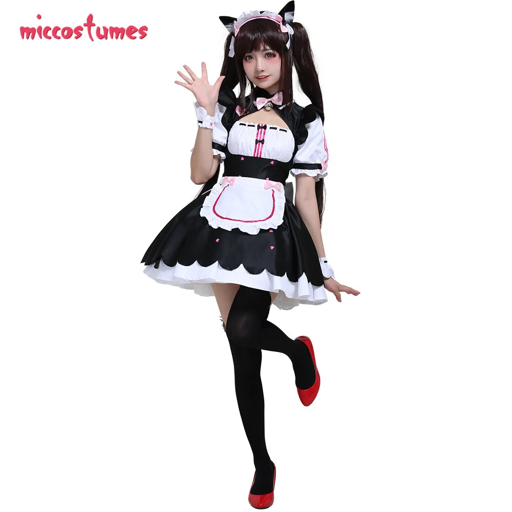 Frauen Nekopara Chocola Cosplay Kostüm Dienstmädchen Kleid mit Schürze Petticoat Katzenohren Schwanz 1