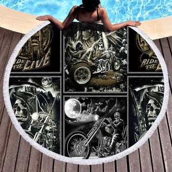 

Black Skull Motorcycle Beach Towels Retro Shawl Fringe Microfiber Round Fabric Bath Towels For Living Room Home Decor