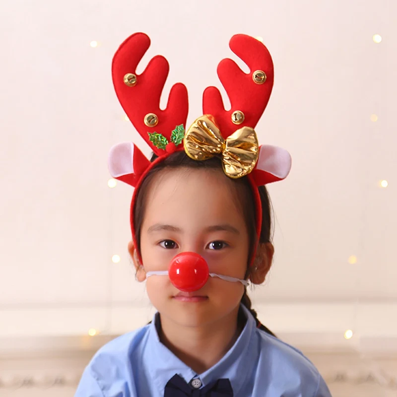 Christmas Reindeer Antler Headband With Red Rudolph Nose Xmas Party Costumes Headwear Accessories Gifts Christmas Decorations