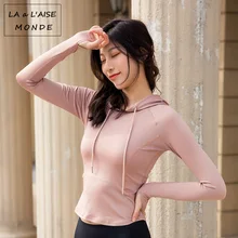 Женская толстовка с капюшоном на шнурке для йоги, топ для тренировок, кофта для бега, длинный рукав, отверстие для большого пальца, спортивная куртка, спортивная одежда с буквенным принтом