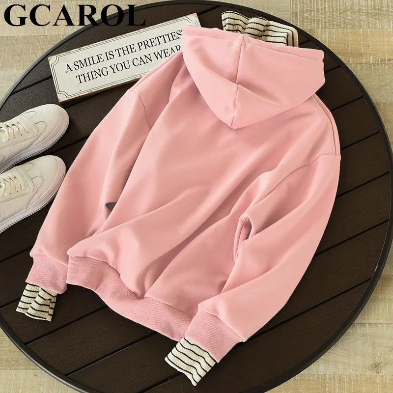  GCAROL New Winter Women Fleece Sweatshirt Fake 2 Pcs Hooded Thick Oversized Turtleneck Drop Shoulde
