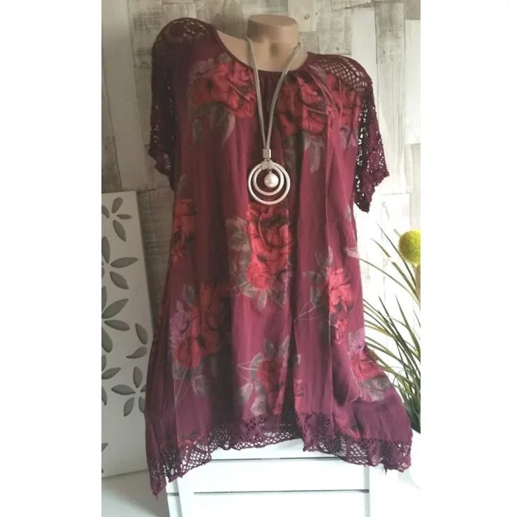 5XL красивые летние женские кружевные лоскутные рубашки размера плюс с рукавом летучая мышь с цветочным принтом - Цвет: Бургундия