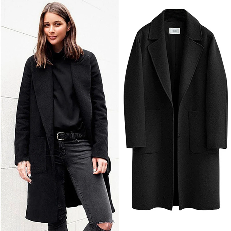 

Elegant Woolen Coat Women Winter Wool Blend Coat Autumn Winter Long Wool Coat and Jacket Solid Loose Ladies Outerwear Plus Size