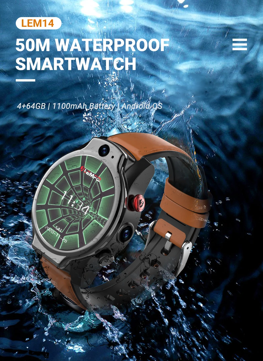 Original LEMFO LEM14 Smartwatch Android Dual Camera Smart Watch Bluetooth GPS Calorie Count Heart Monitor 50M Waterproof for Men