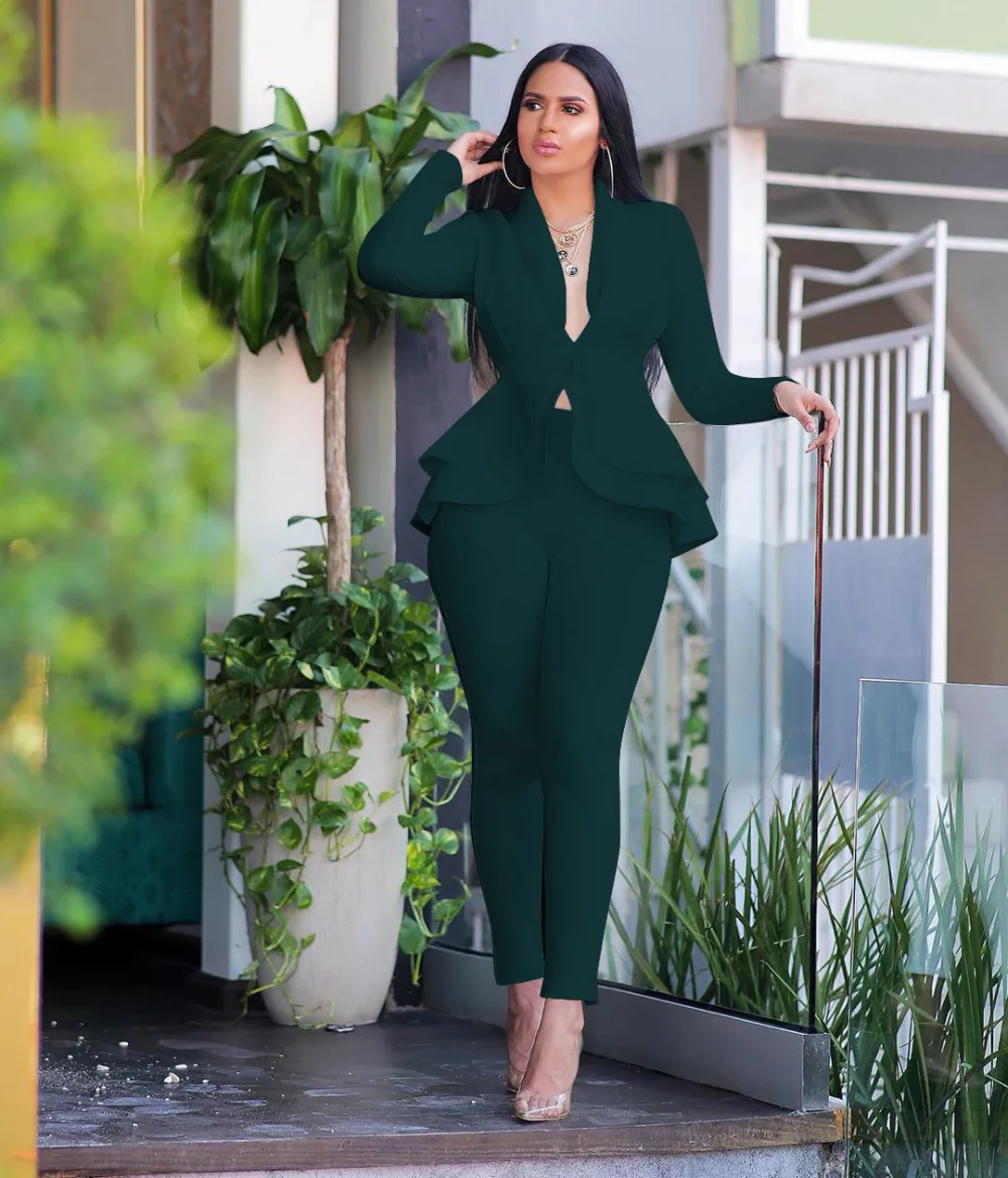 New Women Winter Women's Set Tracksuit Full Sleeve Ruffles Blazers Pencil Pants Suit Two Piece Set Office Lady Outfits Uniform plus size dressy pant suits