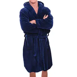 Solid Color Sleepwear Men Bathrobe Belt Flannel Pajamas Bath Robe Pockets Warm Men Hooded Nightgown Cardigan Homewear