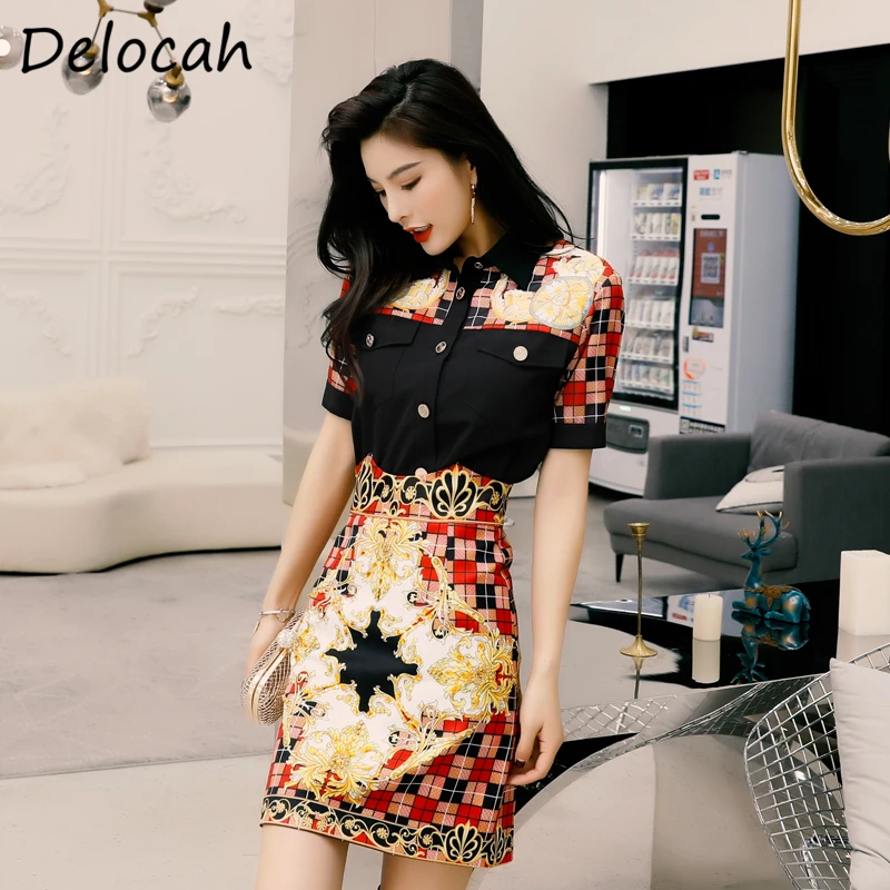 

Delocah Spring Summer Women Set Runway Fashion Designer Short Sleeve Vintage Printed Slim Mermaid Skirt Two Pieces Set Lady Suit