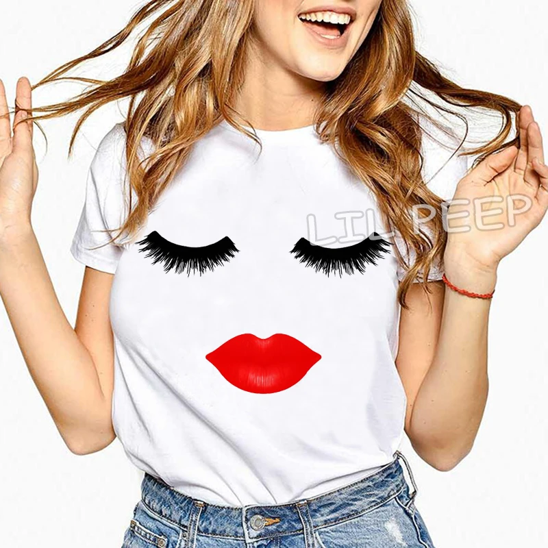 Футболка с принтом губ и ресниц 100% хлопок круглым вырезом|Футболки| |