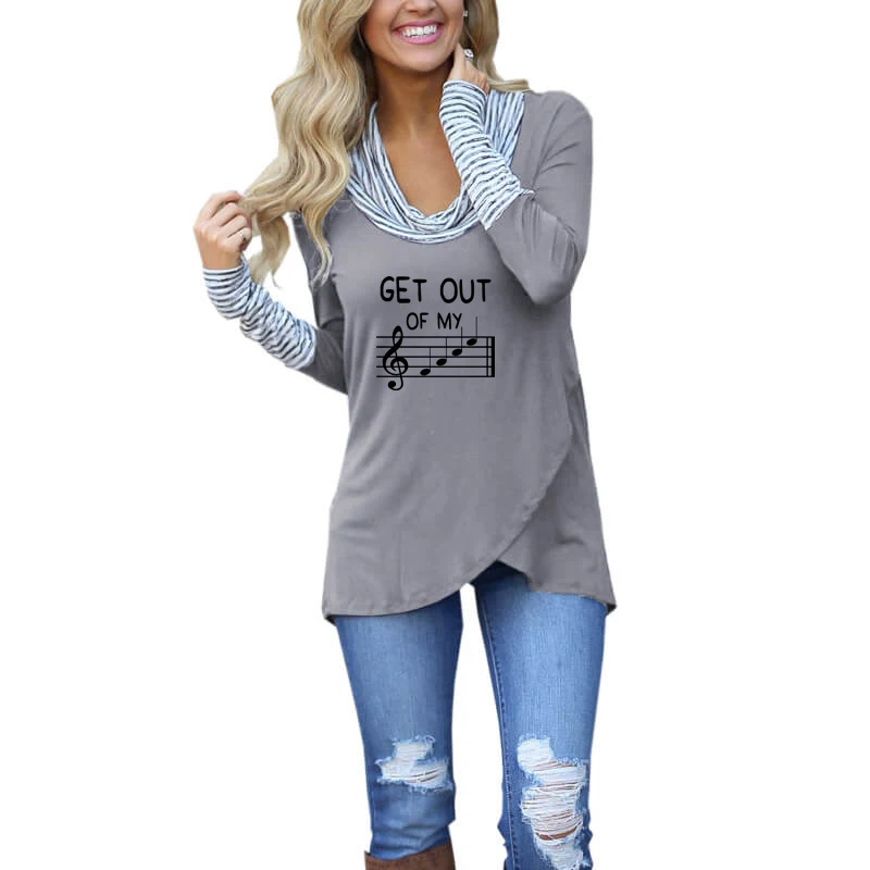 

Get out of Music Note Print Stripe Turtleneck T-Shirt Female Harajuku Punk Music Note Long Sleeve Tops Women Tees For Lady