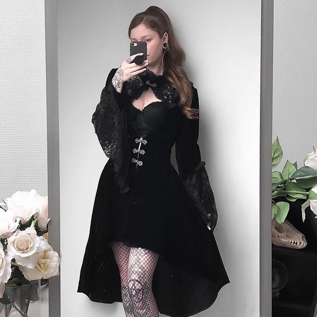 Women Fashion Gothic Dress Flare Sleeve Hollow Out Lace Mini Spring Ladies Vintage Evening Party Dresses Vestidos #LR4 | Женская одежда