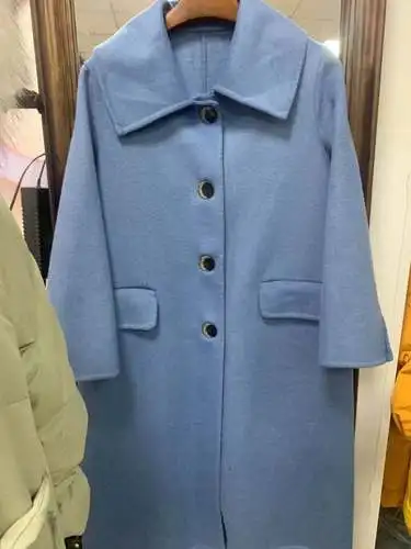 light blue Женское однобортное кашемировое пальто ручной работы в Корейском стиле Свободное пальто с большим воротником, двустороннее шерстяное пальто, сшитое вручную - Цвет: light blue
