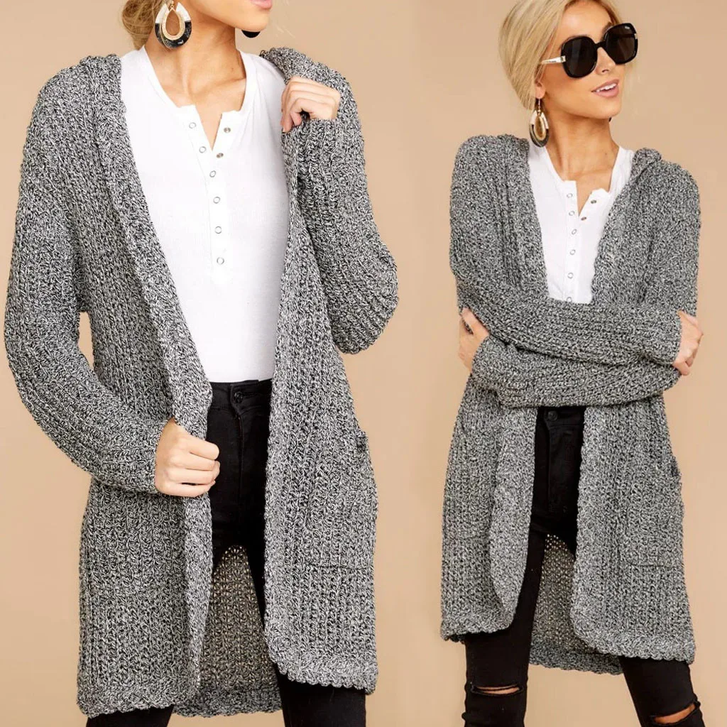 

Women Sweater Cardigan Long Sleeve Hooded Knitted Cardigan Casual Lady Sweater Pocket Coat Outwear Coat