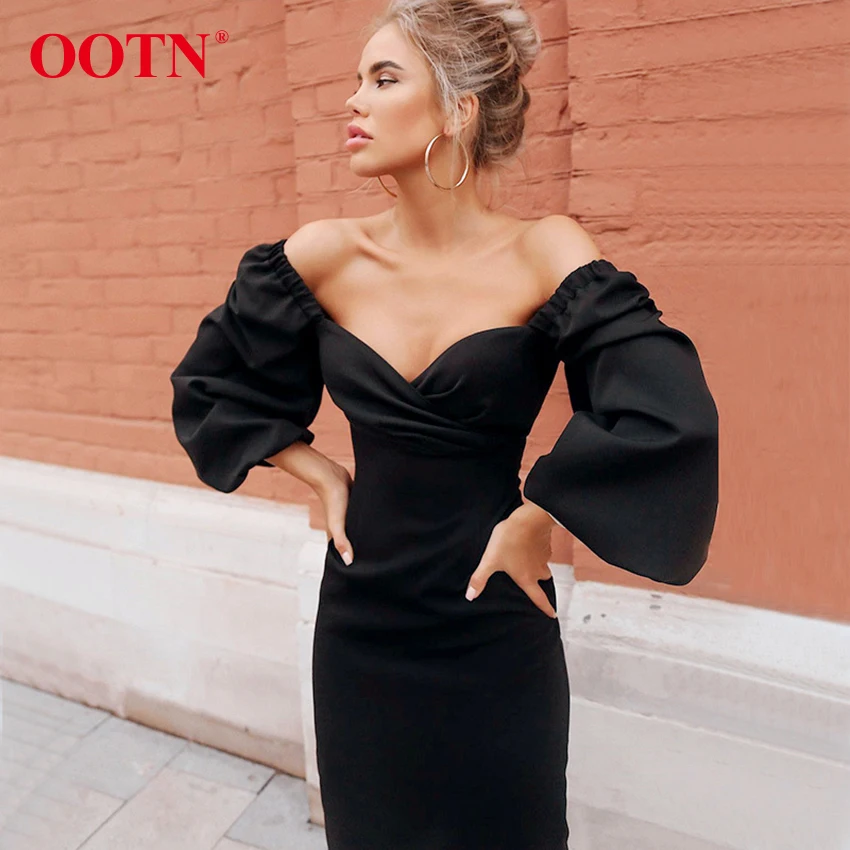 OOTN Сексуальное Женское облегающее платье с открытыми плечами, пышное вечернее длинное платье с длинным рукавом, шикарное зимнее тонкое женское платье-карандаш миди