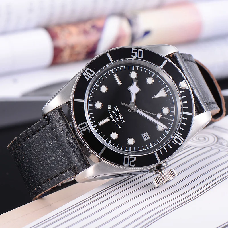 Corgeut 41 мм часы для мужчин кожаный ремешок люксовый бренд Diver автоматические механические часы бизнес светящиеся сапфировые наручные часы для мужчин s