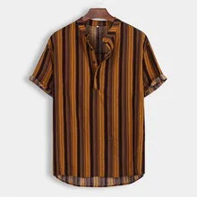 Мужская летняя рубашка Gestreepte Zomer, уличная одежда Stand Kraag Trui, разноцветная полосатая рубашка с принтом Korte Mouw, топ, гавайская рубашка, плюс