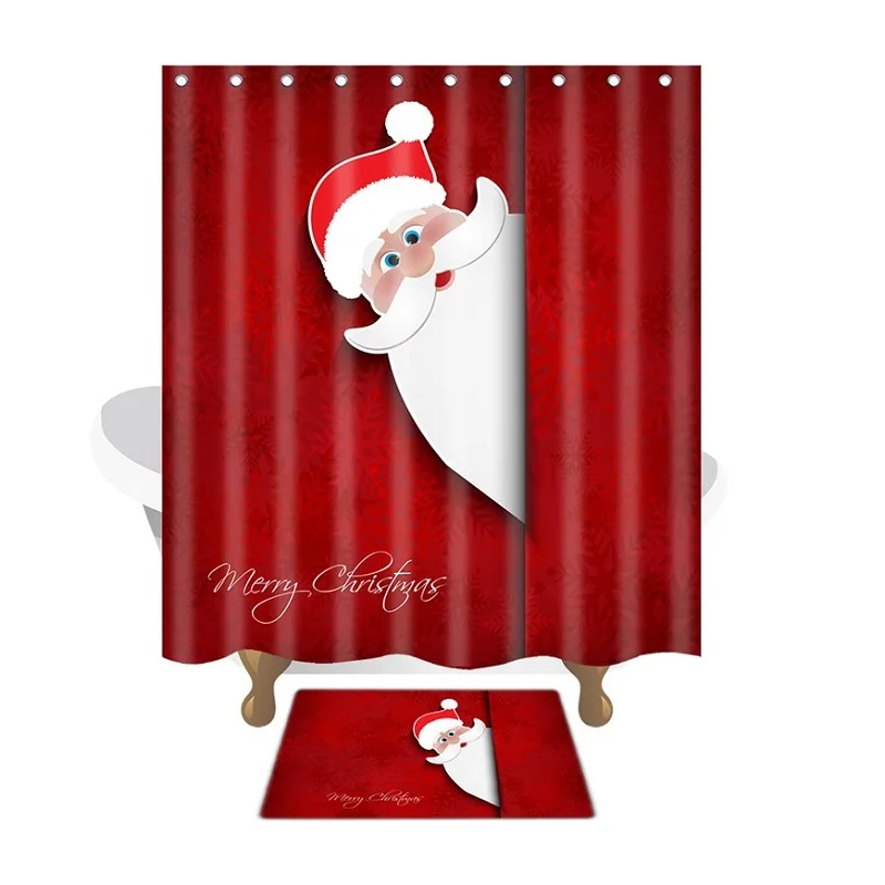 Merry Christmas Bathroom Mat Set Santa Claus Waterproof Bath Shower Curtain Non Slip Rug Decorations for Home | Дом и сад