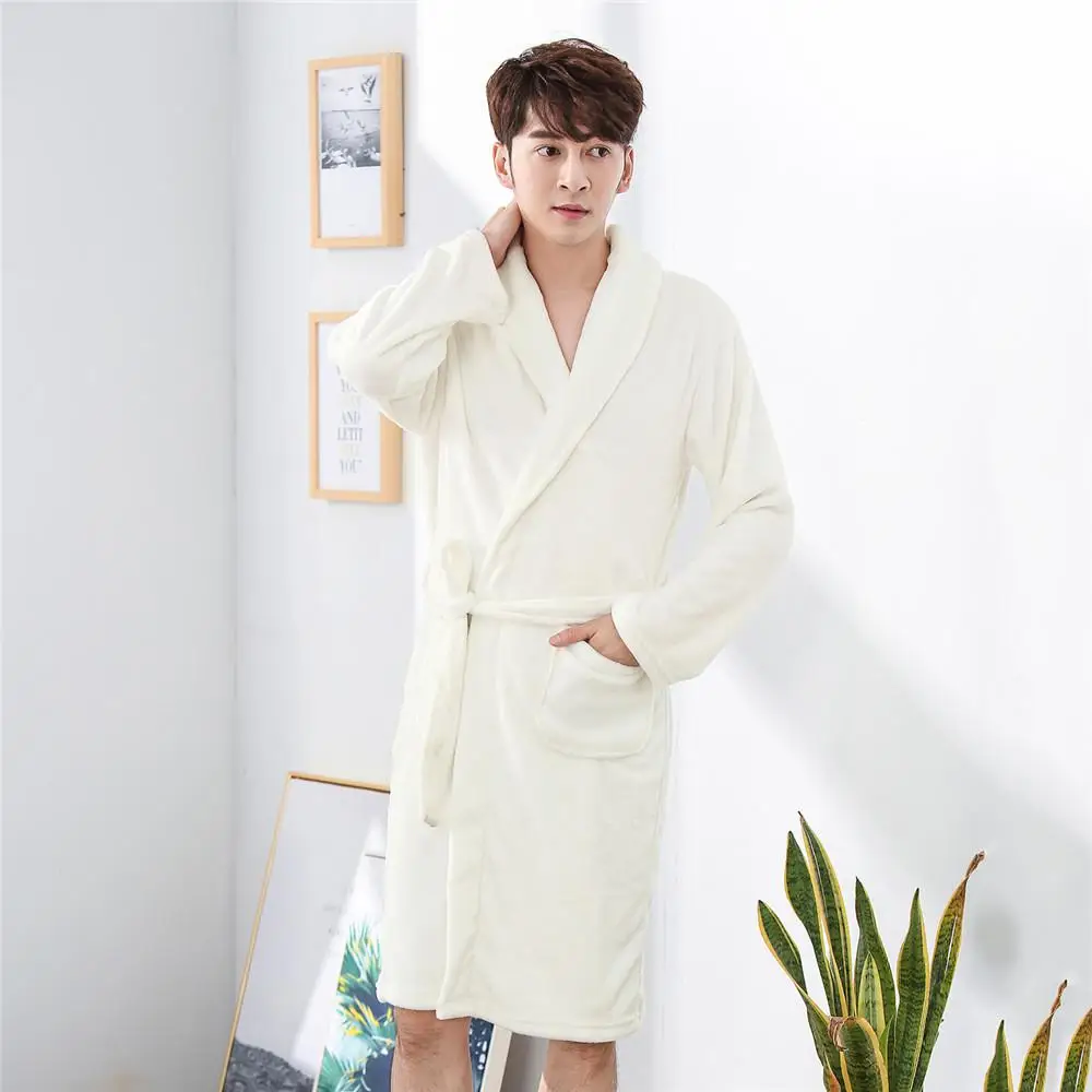 Большой размер Коралловая флисовая фланель Ночная рубашка пижамы Пижама-кимоно для влюбленных Домашняя одежда женское банное полотенце на липучке и Мужская Ночная рубашка - Цвет: Men White 2