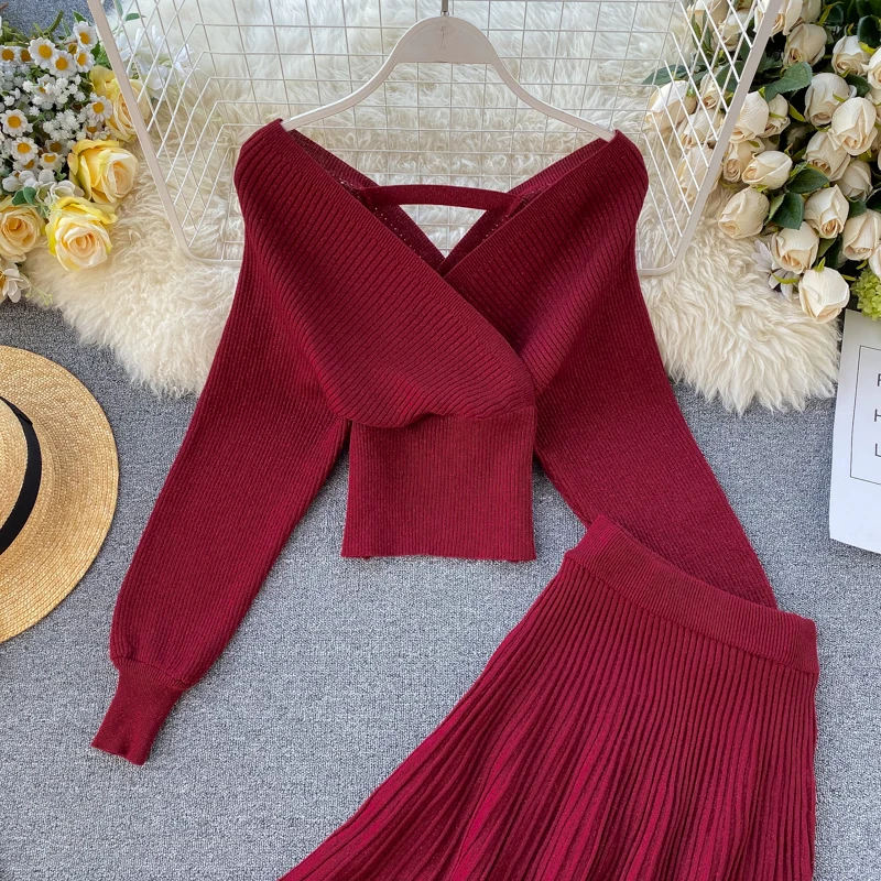 ALPHALMODA, сверкающий свитер, плиссированная юбка А-силуэта, женский модный костюм из 2 предметов, яркий Шелковый свитер с рукавом «летучая мышь», плиссированная юбка, комплект