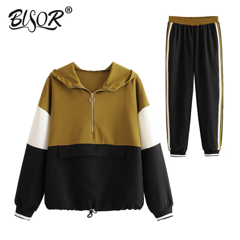 

Casual Patchwork 2 Piece Set Women 2019 Autumn Hooded Bomber Jacket Set Ladies Joggers Set Girls Loose Hoodies Set Streetwear