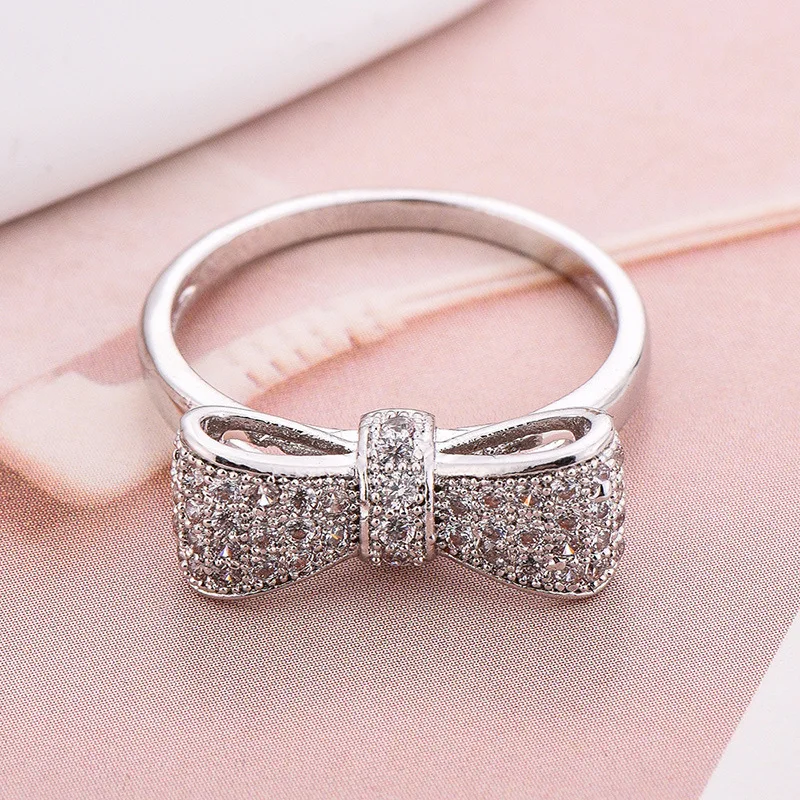 

925 Anillos Silver Sparkling Bow Knot Stackable Ring Micro Pave CZ For Women Valentine's Day Gift Jewelry Wholesale Lots Bulk