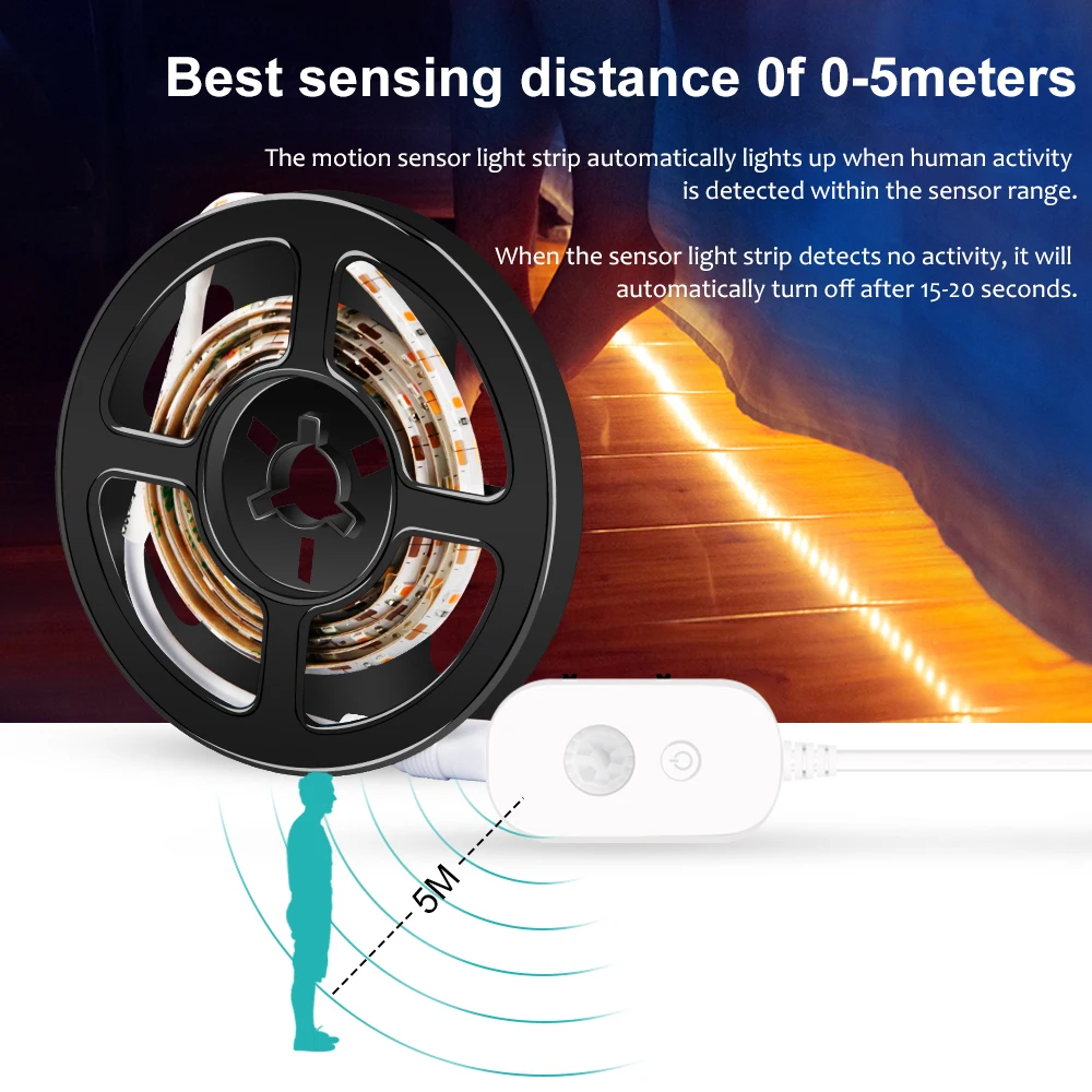 

USB 5V Under Cabinet Light 1M 2M 3M 4M 5M Motion Sensor LED Strip Bedroom Closet Stairs Wardrobe Lamp Tape PIR Night Lighting
