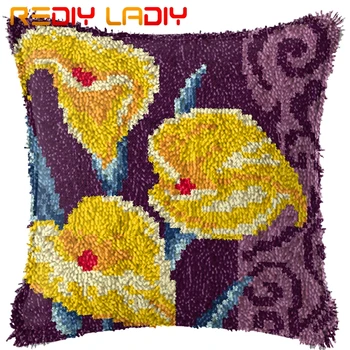 

Latch Hook Cushion Gold Calla Lily Pillow Case Printed Color Canvas Acrylic Yarn Latched Hook Pillow Crochet Cushion Cover Kits