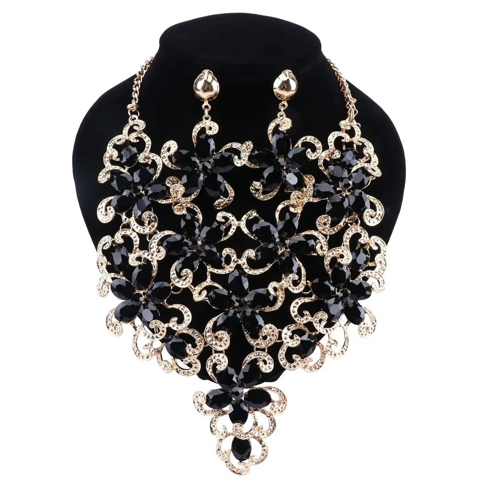 CYNTHIA New Fashion Flowers Jewelry Sets Dubai Gold Color Chain Pendant Necklace Earrings sets Women's Party Costume Jewellery - Окраска металла: black