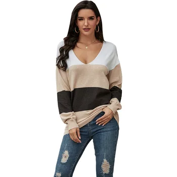 

2020 Autumn and Winter Loose Patchwork Pullover Knitted Women's Sweater, Women's Winter Clothes