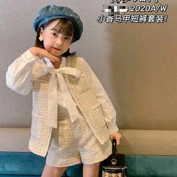 

Vest Shorts Set 2020 Autumn Children's Beaded Vest Vest with High Waist Shorts Two-piece Set