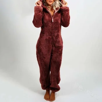 

WEPBEL One-Piece Couple's Hooded Pajamas Women Tops Brushed Thick Furry Warm