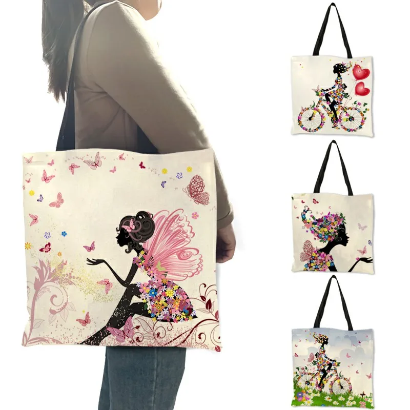 

Wishing Girl Print Linen Reusable Shopping Bags Traveling Bags Women Fashion Handbags With Customized Printed Dropshipping