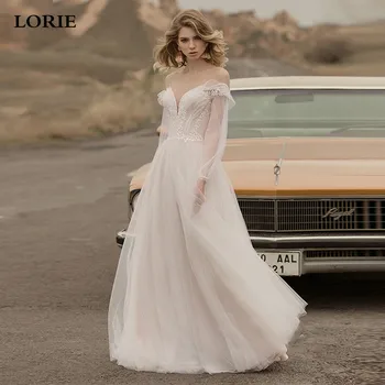 

LORIE New Design Off shoulder Puff Sleeve Soft Tulle Wedding Dresses Sexy Open Back Lace Bride Dresses Train Weddding Gowns