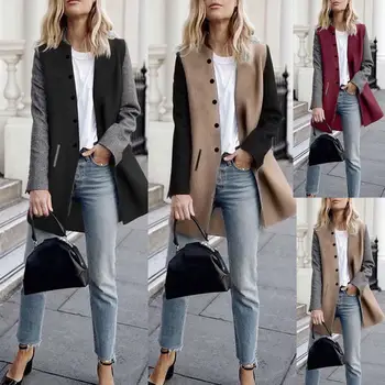 

Fashion Women's Coat Color Block Single Breasted Coat Women Slim Long Sleeve Cardigan Jacket Nylon/ Polyester/Spandex Long Style