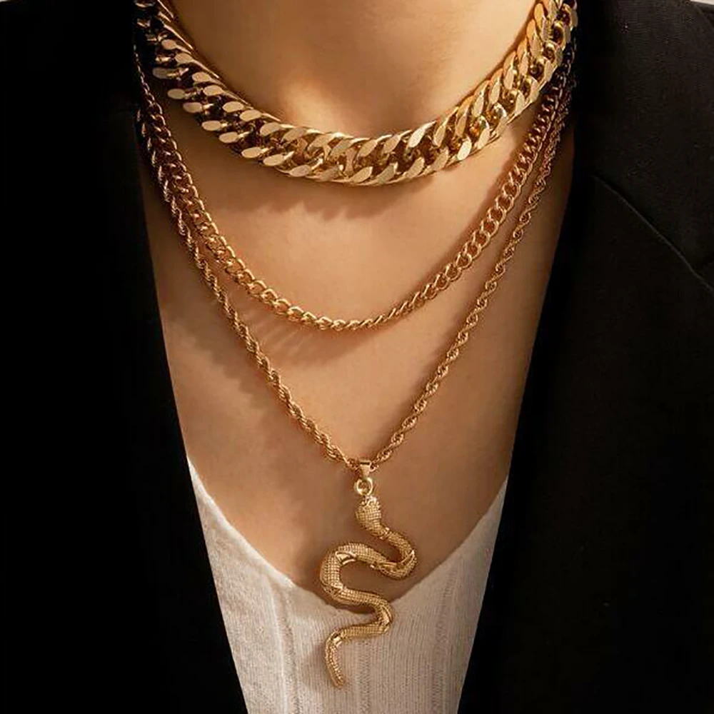 Retro Multilayer Snake Pendant Chain Necklace For Women Trendy Gold Silver Color Big Thick Necklaces 2021 Jewelry | Украшения и