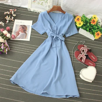 

2020 Korean New Fashion V-neck Vintage Dress Summer Elegant Short Sleeve Sashes Blue Vintage Single Breasted Dress For Female