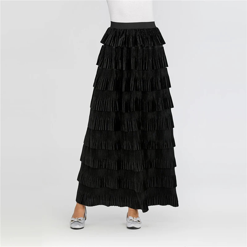 Black skirt Плюс размер высокая талия пачка Макси плиссированная бархатная юбка женская одежда Jupe Plissee Femme Falda Plisada Largas длинные юбки для женщин s - Цвет: Black skirt