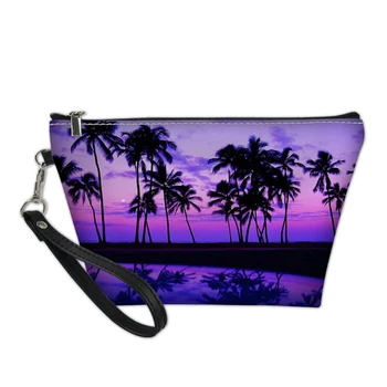 

PU Leather Women Cosmetic Bag Tropical Palm Tree Pattern Beautician Fashion Travel Makeup Bag Toiletry Bags Ladies Make Up Bags