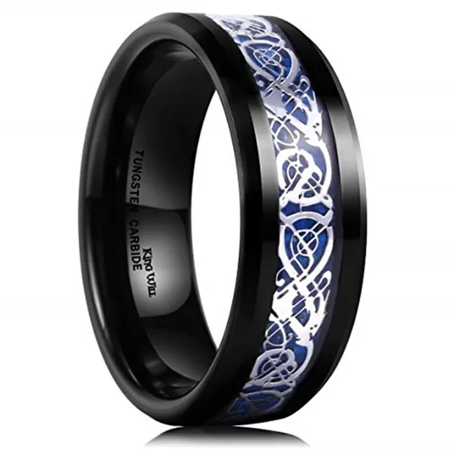 FDLK   8 Colors 8mm Men's Stainless Steel Dragon Ring Inlay Red Green Black Carbon Fiber Ring Wedding Band Jewelry Size 6-13 Silver Blue
