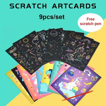 

9PCS/SET Scratch artcards with free pencil Children's art scratch painting creative DIY magic rainbow graffiti board WM005
