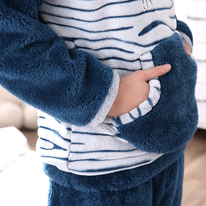 Мягкая теплая женская зимняя синяя полосатая Пижама, комплект из плотного теплого флиса, Мужская одежда для сна, костюм с ушками и капюшоном, домашняя одежда для пар